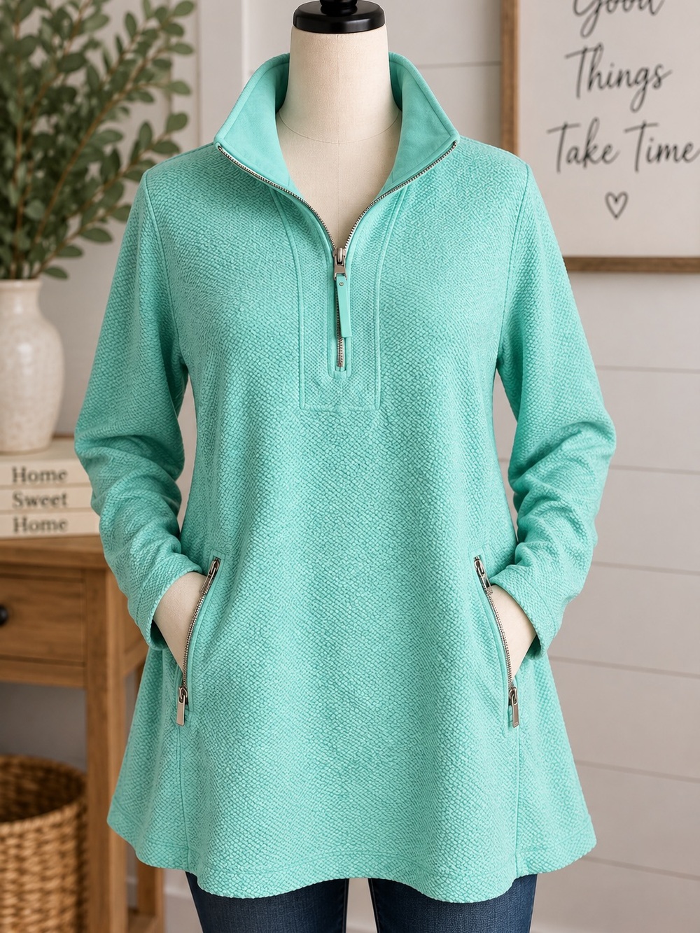 Soft Surroundings XL Aqua Textured Quarter Zip Tunic